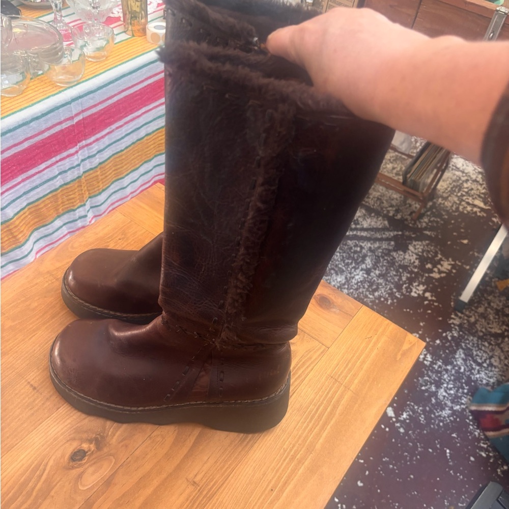 Women’s Tall Faux-Fur Lined Brown Leather Heeled Boots